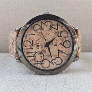 Breda Men Wristwatch Brown Wood Pattern Leather Band Quartz Analog Wrist Watch